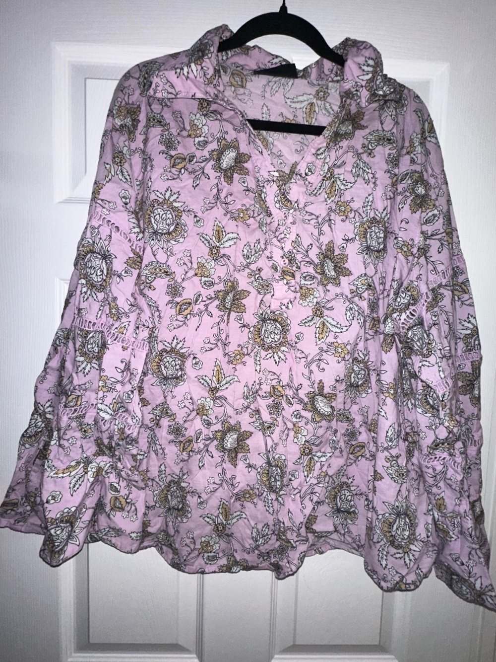 Lane Bryant Plus Size Floral Cotton Shirt 26/28 Lilac Button Blouse Long Sleeve